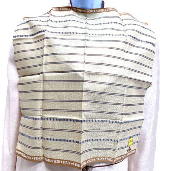 New Fendi Cotton/silk Handkerchief/MiniScarf 19.5" olive beige brown stripe(93 - Picture 3 of 8